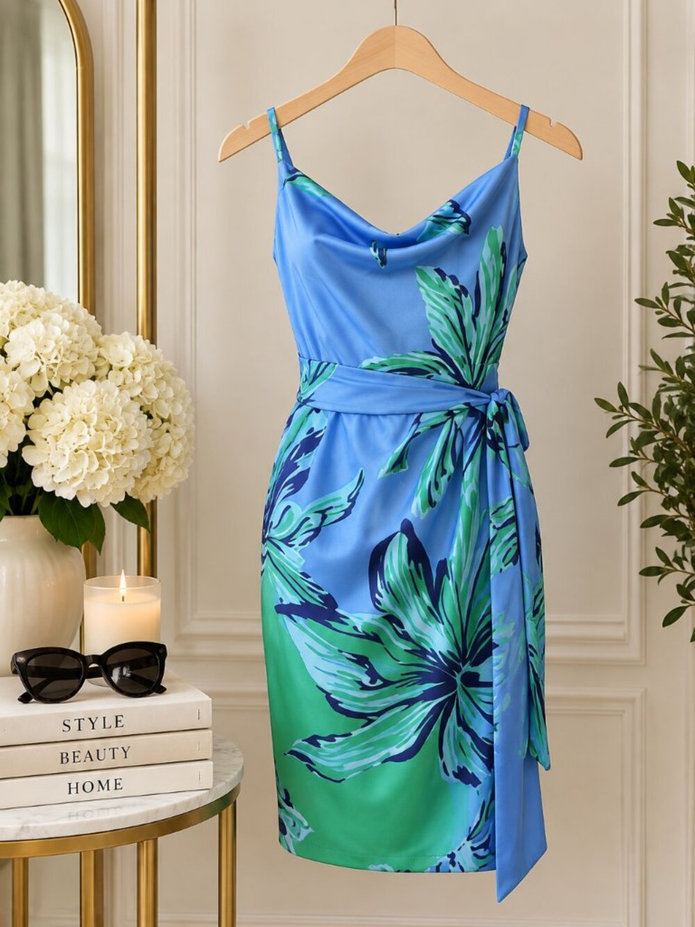 Elegant Blue and Green Floral Midi Dress